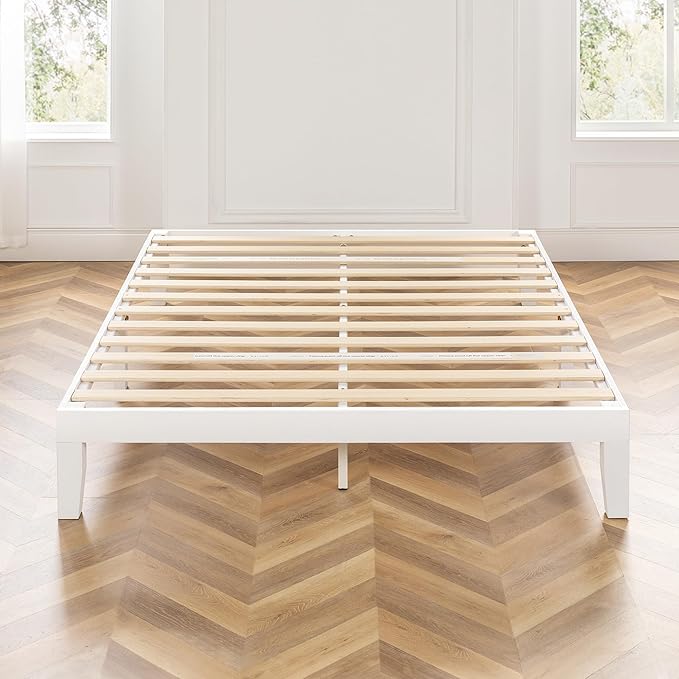 Mellow Naturalista Classic 12 Inch Solid Wood Platform Bed with Wooden Slats, Cal King, Whit