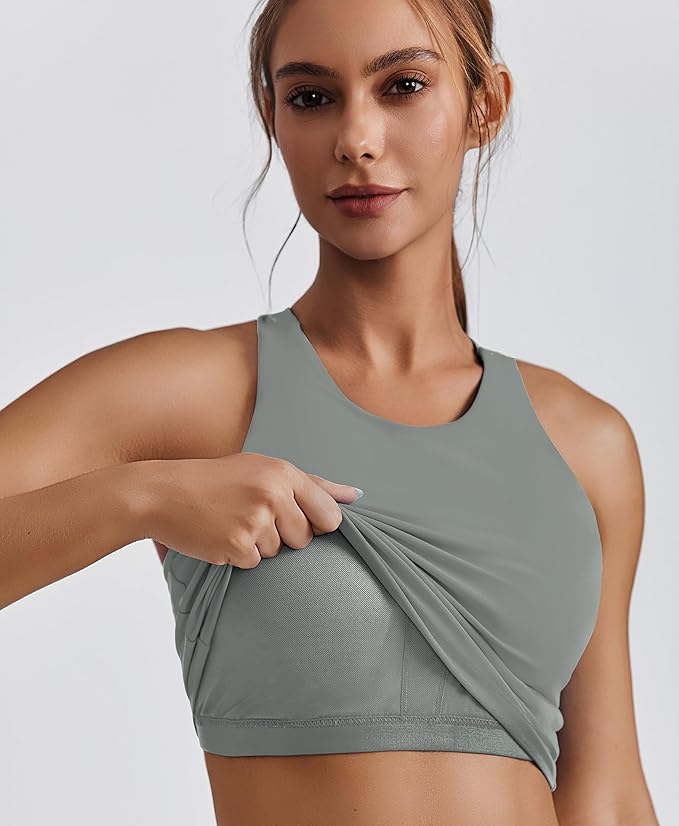 PINSPARK Women Sports Bra High Neck Racerback Workout Crop Tank Top Longline Padded Yoga Tops with Built in Pads