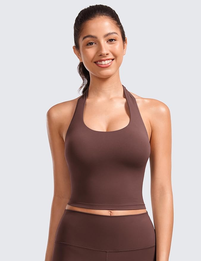 CRZ YOGA Butterluxe Halter Crop Tank Tops for Women - Open Back Padded Longline Sports Bras Workout Gym