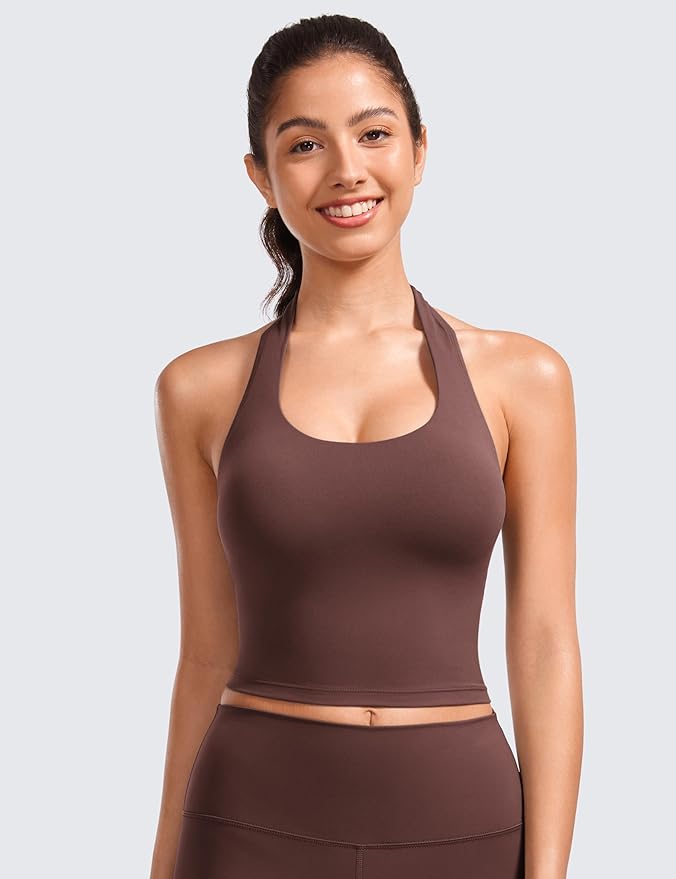 CRZ YOGA Butterluxe Halter Crop Tank Tops for Women - Open Back Padded Longline Sports Bras Workout Gym