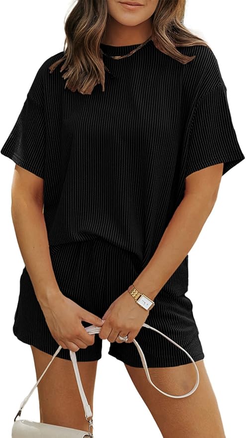 MARZXIN Women 2 Piece Shorts Set 2026 Casual Summer Cruise Outfits Ribbed Loose Short Sleeve Pocket Matching Lounge Sets