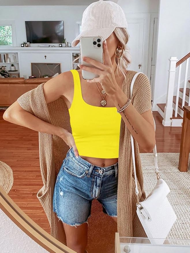 REORIA Women’s Sexy Square Neck Double Lined Seamless Sleeveless Cropped Tank Yoga Crop Basic Tops