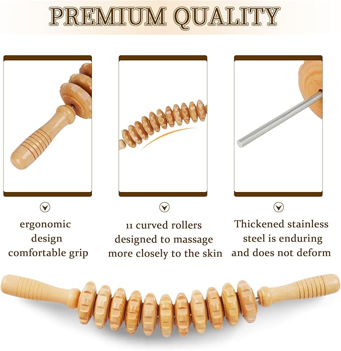 Liitrton Wood Therapy Fasci Massage Tools, Curved Wooden Massage Roller Cellulite Reduction and Muscle Tension (Wood, 11 Roller)