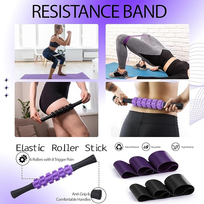 Soulchen 12 Pcs Foam Roller Set - 6 in 1 Deep Muscle Recovery Kit Includes Back Roller, Massage Ball, Muscle Stick, Fasciitis Ball, Stretch Strap & Bag for Body Physical Exercise Therapy, 2 Set
