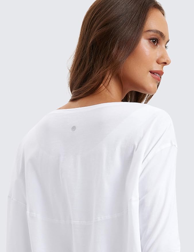 CRZ YOGA Pima Cotton Boat Neck Long Sleeve Shirts for Women - Workout Athletic Yoga Casual Tops Loose Fit Fall T-Shirts