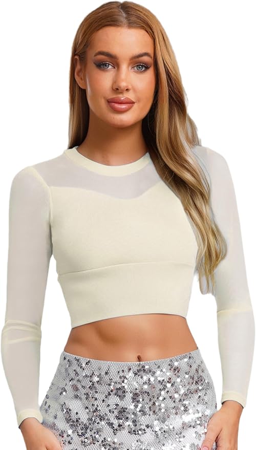 Womens Sheer Patchwork Yoga Shirt Long Sleeve Crew Neck Crop Top for Pilates Dance Workout