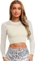 Womens Sheer Patchwork Yoga Shirt Long Sleeve Crew Neck Crop Top for Pilates Dance Workout