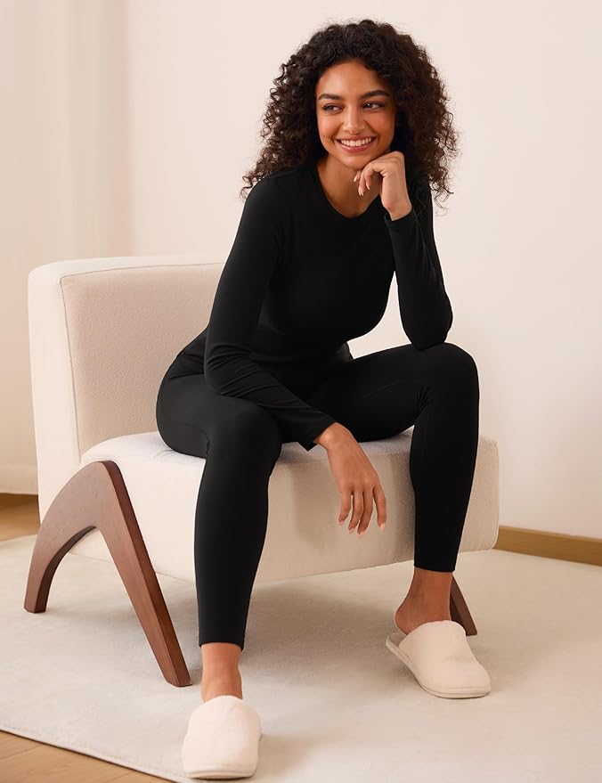 CRZ YOGA Softembrace Fleece Lined Thermal Underwear Set for Women - Soft Casual Base Layer Long Johns Warm Pajamas Top Bottom