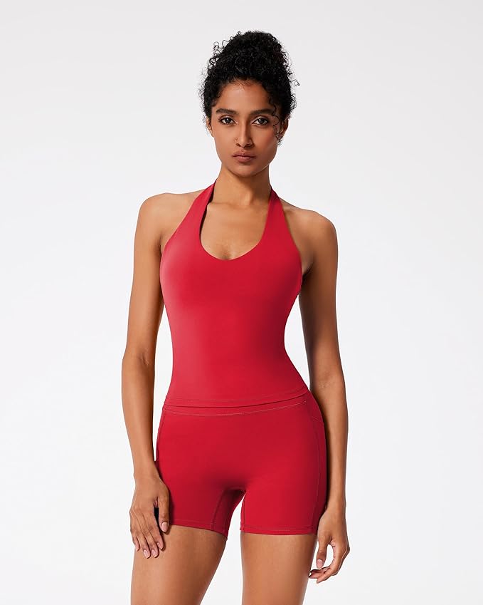 RXRXCOCO Halter Workout Sets for Women 2 Piece V Neck Tank Tops Hidden Scrunch Booty Shorts Gym Outfits with Pockets