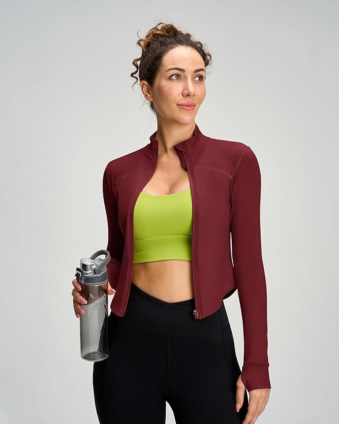 Women BBL Jacket Full Zip UP Workout Athletic Cropped Jacket wIth Thumb Holes Running Yoga Sportswear