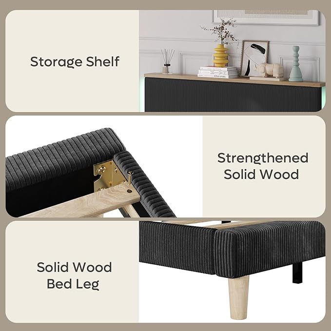 Bestier Full Bed Frame with Adjustable Headboard & LED Lighting, Corduroy Upholstered Platform Bed Frame with Storage Shelf, Solid Wood Slats, No Box Spring Needed, Never Squeak, Easy Assembly, Black