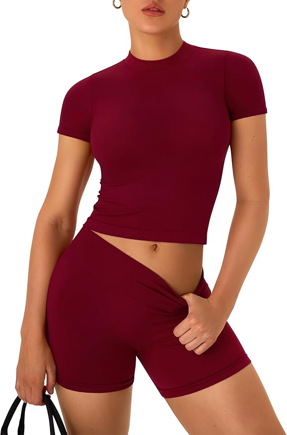 OLCHEE Womens Workout Sets 2 Piece Seamless Summer Outfits Scrunch Butt Shorts Crew Neck T-shirt Matching Clothing Set