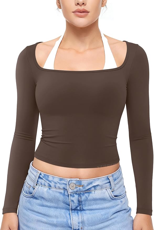 YEOREO Long Sleeve Workout Tops for Women Square Neck Slim Fitted Double Lined Compression Shirt Basic Casual Gym Yoga Tops