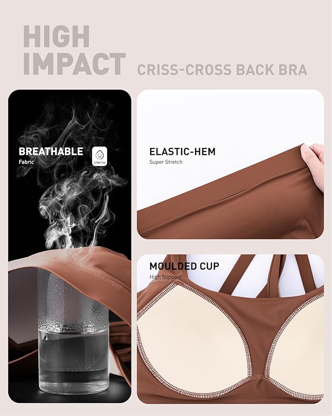 RUNNING GIRL High Impact Sports Bras for Women - Scoop Neck Strappy Sports Bra High Support Moulded Cup Workout Bra