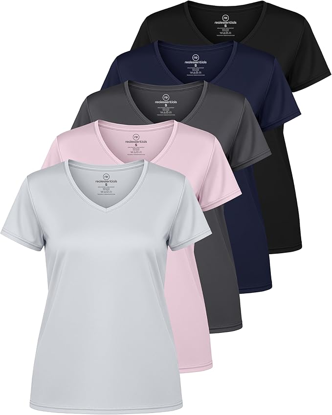 Real Essentials 5 Pack: Women's Dry-Fit Short Sleeve V Neck T Shirt Workout Fitness Yoga Top Tee (Available in Plus Size)