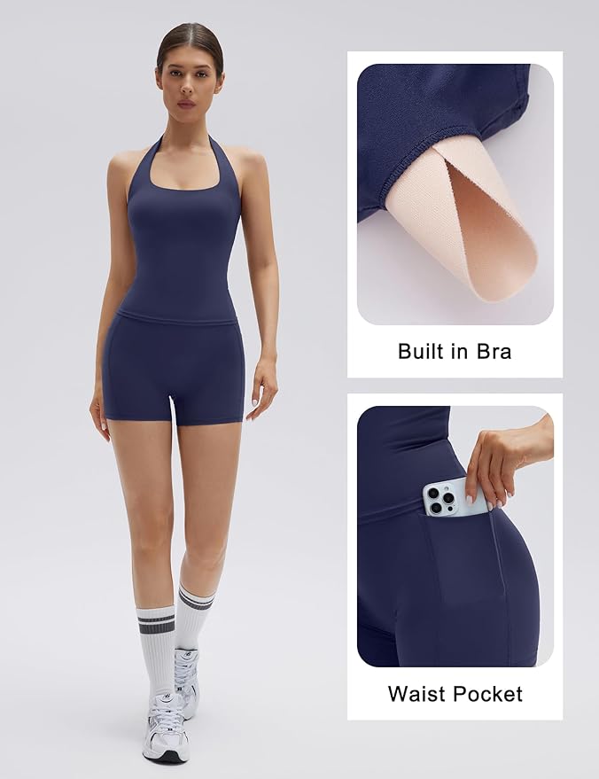 SUUKSESS Women 2 Piece Workout Sets Halter Neck Padded Yoga Tank Tops High Waisted Biker Shorts with Pockets