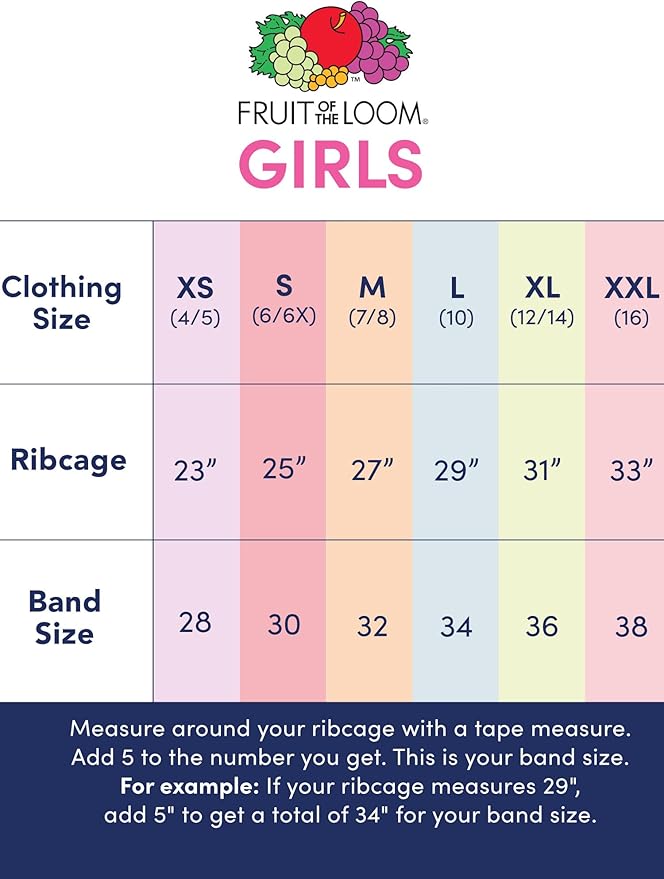 Fruit of the Loom girls Multi Pack Cotton Built -Up Stretch Sports Bra Available in 6 Packs!