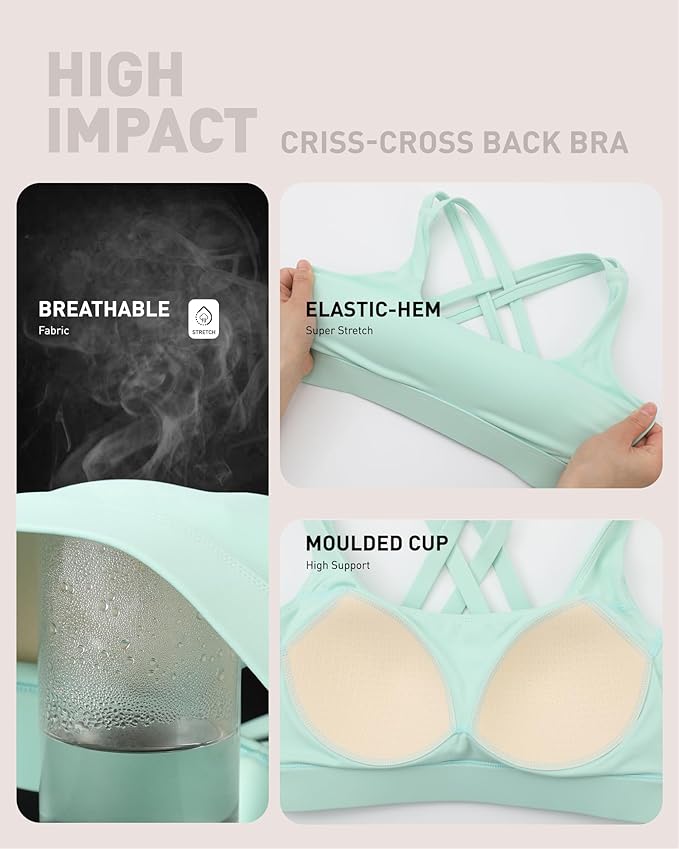 RUNNING GIRL High Impact Sports Bras for Women - Scoop Neck Strappy Sports Bra High Support Moulded Cup Workout Bra