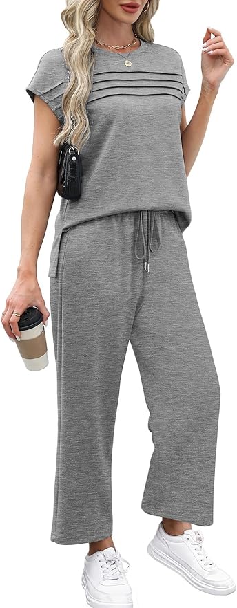 WIHOLL Two Piece Sets for Women Summer Spring Travel Vacation Outfits Cap Sleeve Lounge Matching Sets Wide Leg Pants S-3XL