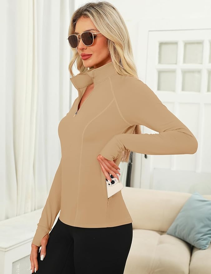 LOMON Women's Long Sleeve Athletic Tops Quarter Zip Workout Shirts Turtle Neck Fall Compression Shirt with Thumb Hole