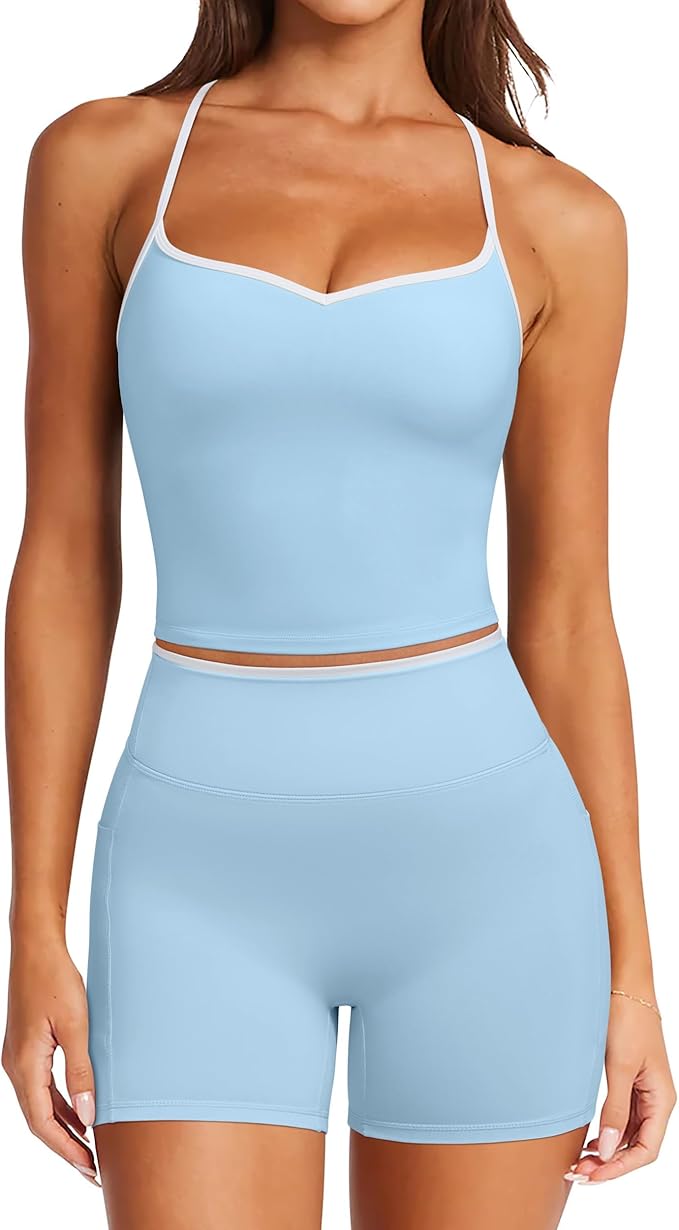 RXRXCOCO Color Block Workout Sets for Women 2 Piece Padded Strappy Tank Tops Hidden Scrunch Booty Shorts with Pockets
