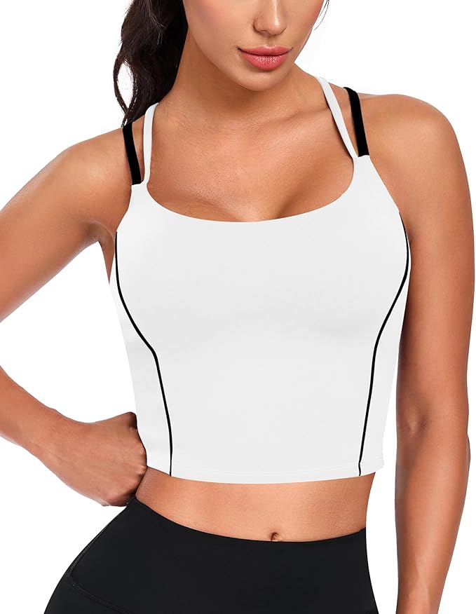QUOJIZY Longline Sports Bras for Women Spaghetti Straps Tank Top with Built-in Bra Strappy Sports Bra for Yoga