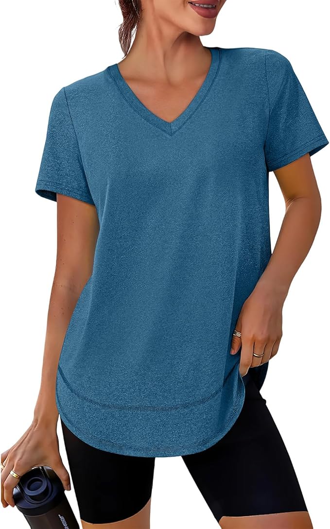 XIEERDUO Womens Workout Tops Short Sleeve Shirts Quick Dry Outfits for Hiking Running V Neck S-3XL