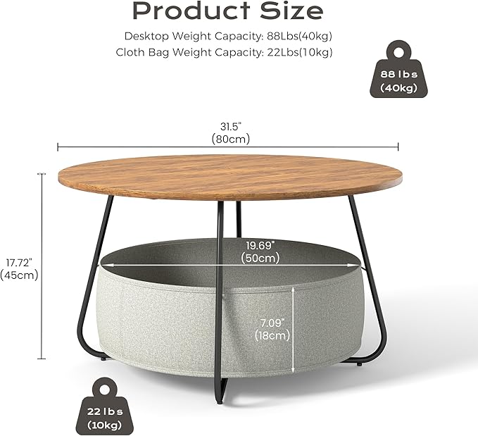 Manora Small Round Coffee Table for Living Room, Modern Center Table with Fabric Basket Storage, Cute Circle Table for Small Spaces, Metal Frame, Brown