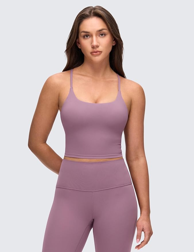 CRZ YOGA Butterluxe Twist Cross Back Crop Tank Tops for Women - Padded Adjustable Straps Yoga Longline Sports Bras