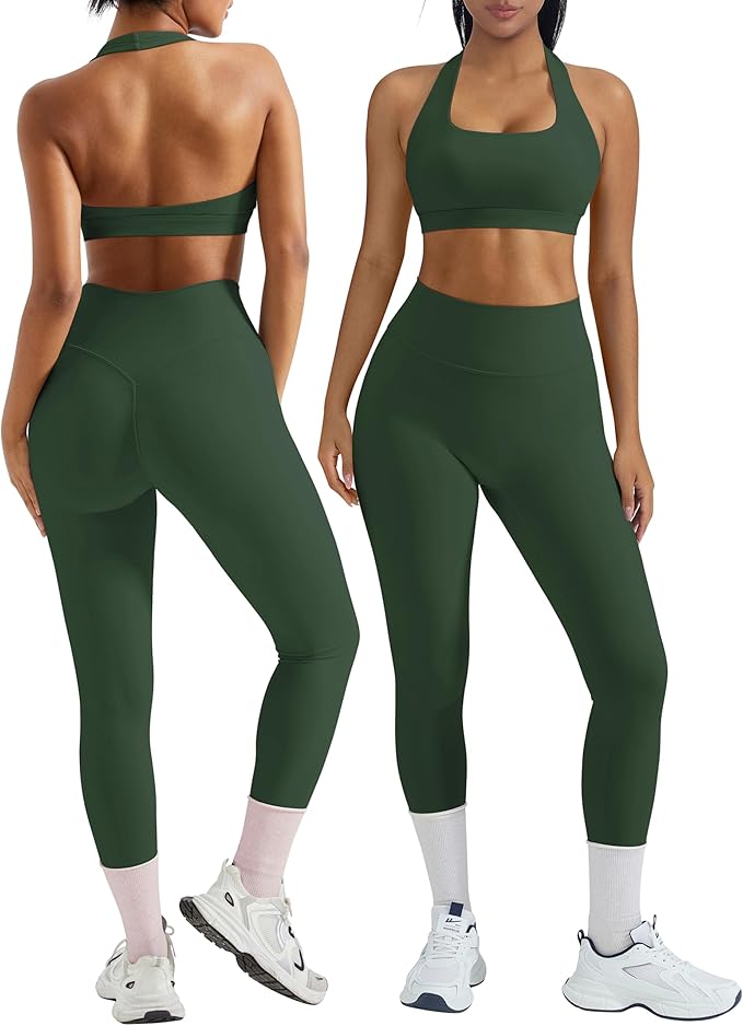 OMKAGI 2 Piece Workout Sets for Women Halter Sports Bras Gym Sets Booty Leggings Outfits