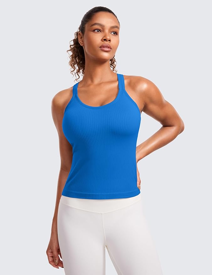 CRZ YOGA Seamless Ribbed Scoop Neck Tank Top for Women - Workout Racerback Padded Athletic Camisole with Built in Bra