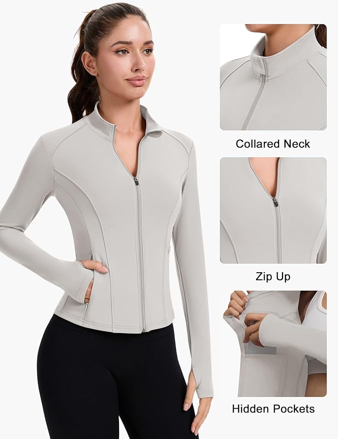 ZHENWEI Workout Jackets for Women Full Zip Up Cropped Athletic Long Sleeve Lightweight Slim Fit Running Tops with Pockets