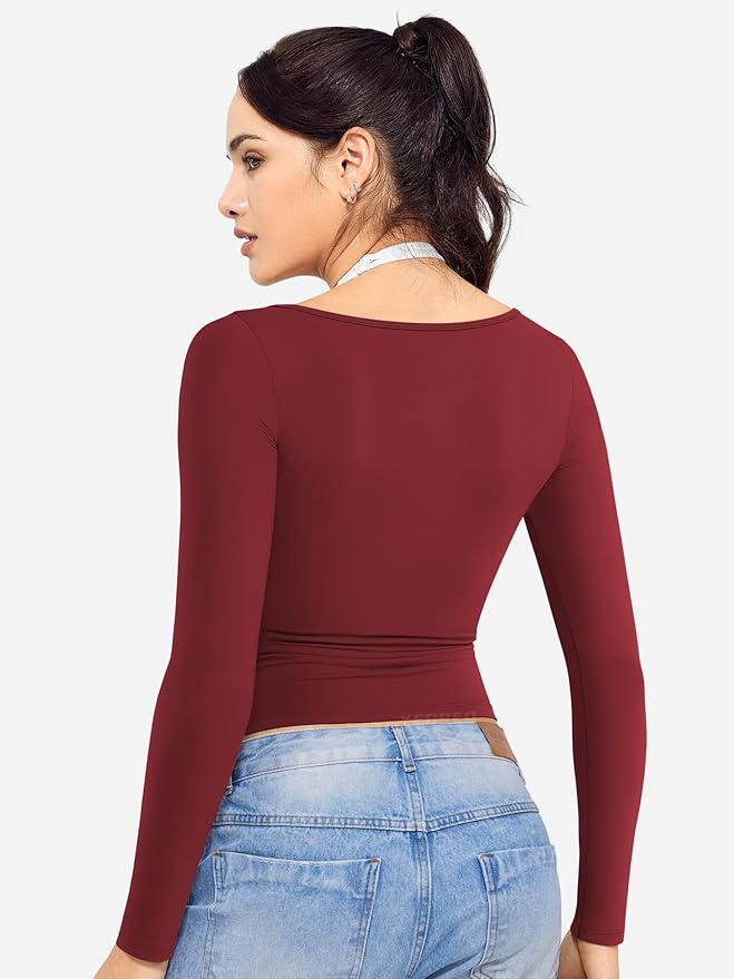 YEOREO Long Sleeve Workout Tops for Women Square Neck Slim Fitted Double Lined Compression Shirt Basic Casual Gym Yoga Tops