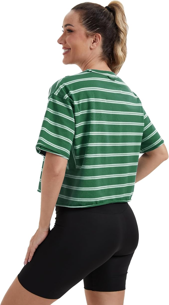Women's Oversize Workout Crop Tops Casual Short Sleeve Drop Shoulder Boxy T-Shirts Roll Hem Basic Loose Yoga Running Tees