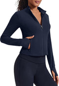 PINSPARK Women Cropped Workout Jackets Full Zip Slim Fit Athletic Jackets Thumb Holes Running Jacket with Zipper Pockets
