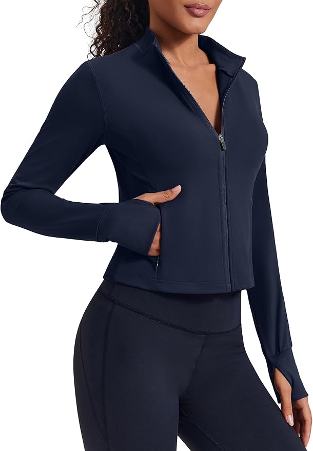 PINSPARK Women Cropped Workout Jackets Full Zip Slim Fit Athletic Jackets Thumb Holes Running Jacket with Zipper Pockets