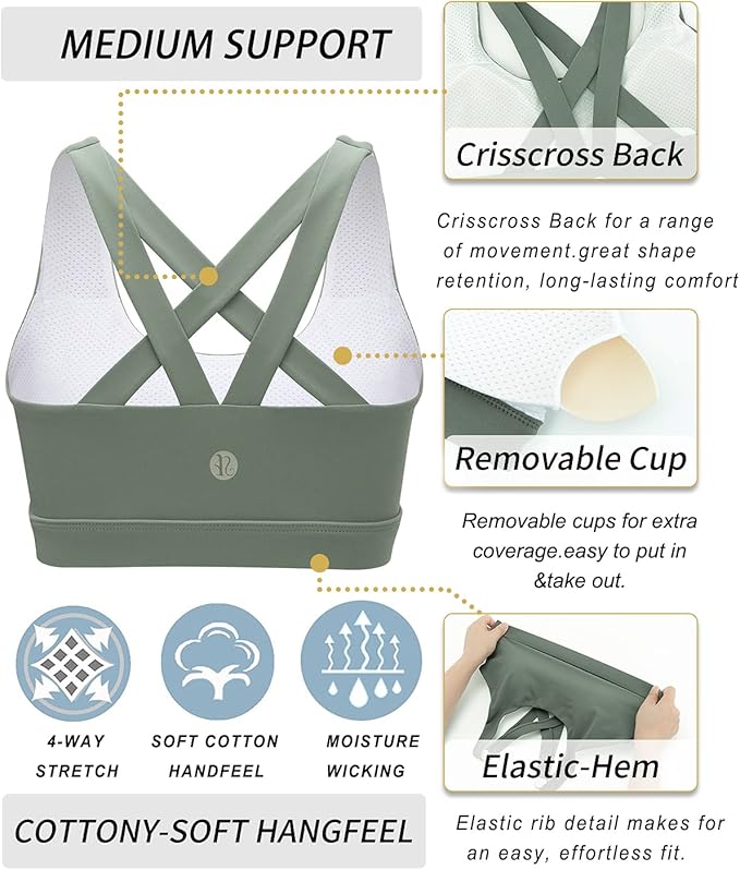 RUNNING GIRL Sports Bras for Women,Padded Strappy Sports Bras Criss-Cross Back Medium Support Sports Bras with Removable Cups