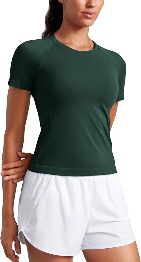 CRZ YOGA Seamless Workout Tops for Women Waist Length - Running Gym Athletic Yoga Short Sleeve Shirts Breathable Crewneck