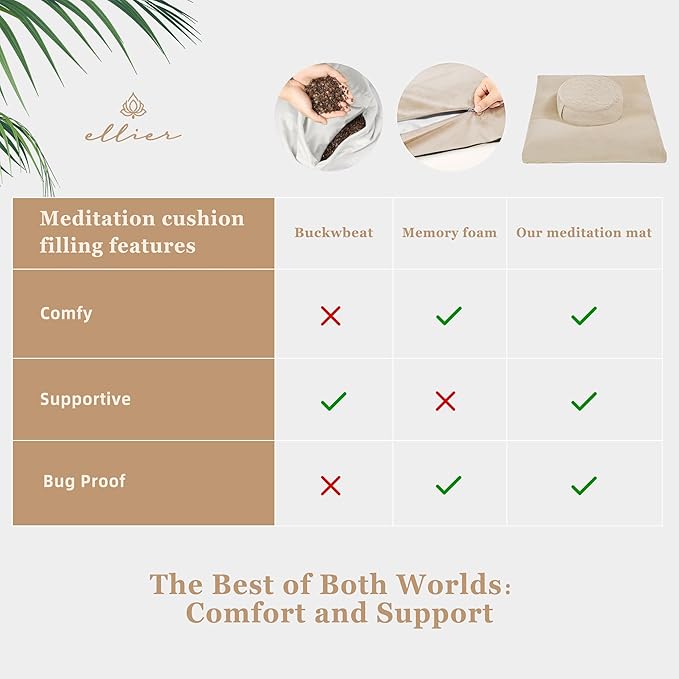 ellier Zafu & Zabuton Meditation Cushion Set - Buckwheat Hull & Memory Foam Pillows, Ergonomic Support for Yoga, Mindfulness - Organic Velvet Cover, Large Size, Durable Comfort (Khaki)