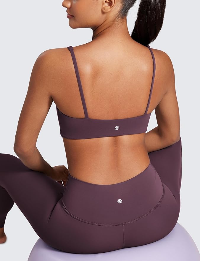 CRZ YOGA Butterluxe Square Neck Spaghetti Strap Sports Bras for Women - Low Coverage Yoga Wireless Padded Cami Crop Top