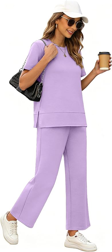 XIEERDUO Women's Side Slit Lounge Sets 2026 Fashion 2 Piece Travel Outfits Cozy Loungewear Wide Leg Tracksuits S-3XL