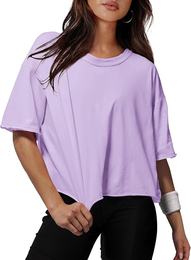 XIEERDUO Cotton Tshirts for Women Drop Shoulder Round Neck Oversized Crop Tops Workout Tops Tees