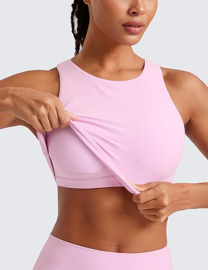 CRZ YOGA Butterluxe High Neck Crop Tank Tops for Women - Racerback Padded Longline Sports Bras Workout