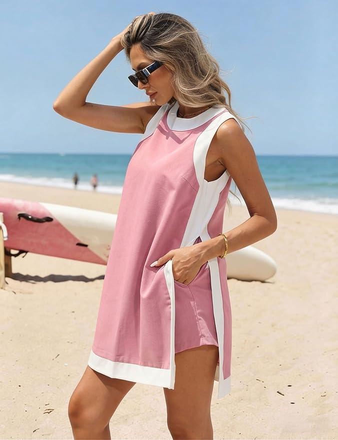 Hooever Women's 2 Piece Sets Casual Color Block Crewneck Short Sleeve Pullover Tops Matching Shorts with Pockets