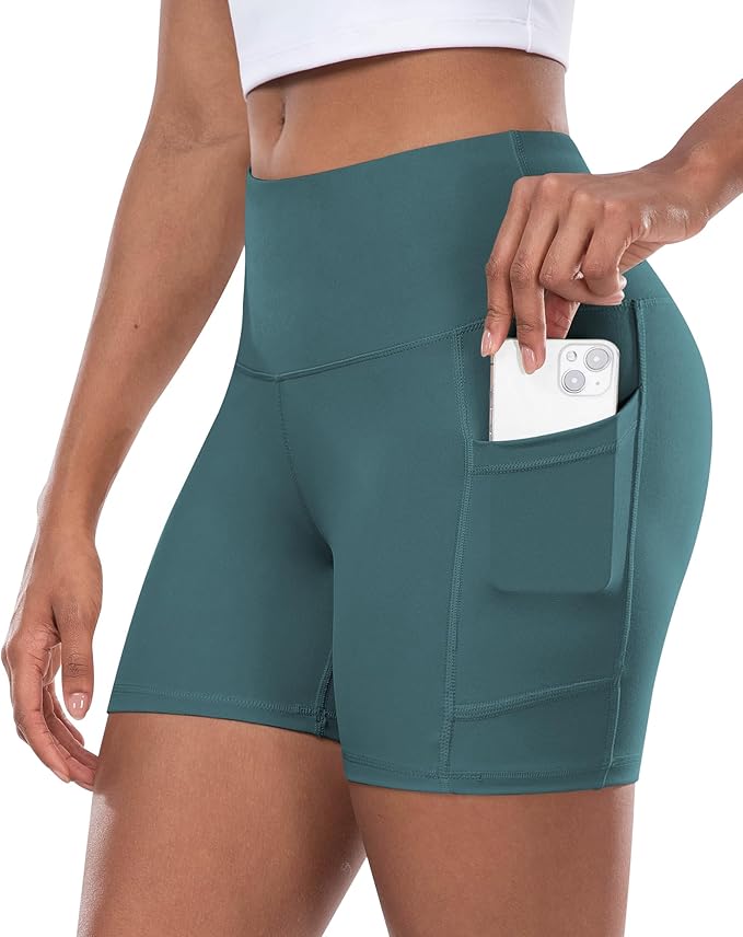 CHRLEISURE Womens Biker Yoga Shorts with Pocket, High Waisted Tummy Control 5 Inch Workout Spandex Athletic Gym Shorts