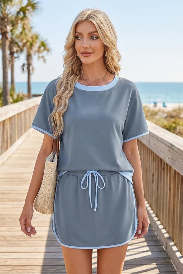 Opemiby Womens 2 Piece Skort Set 2026 Color Block Short Sleeve Top Drawstring Skort Matching Sets Casual Lounge Summer Outfit