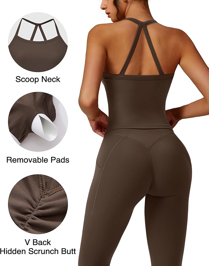 RXRXCOCO Cross Back Workout Sets for Women 2 Piece Padded Tank Tops Hidden Scrunch Leggings Gym Outfits with Pockets