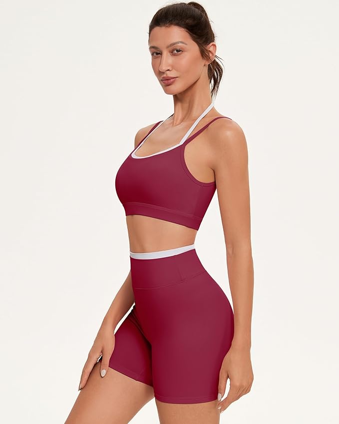 OMKAGI Workout Sets for Women Cute Doubel Layer Open Back Sports Bras Gym Shorts Outfits