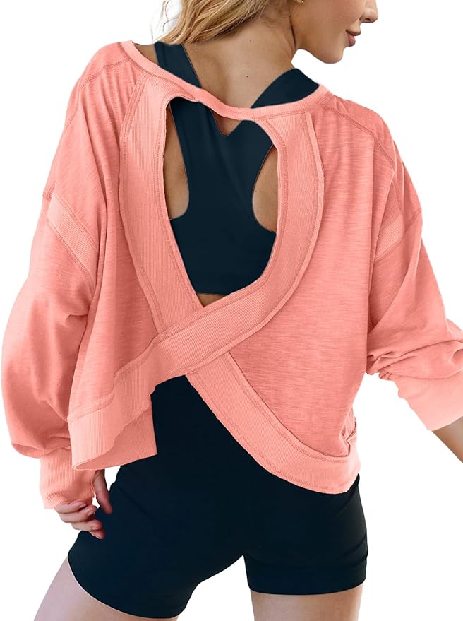 UNIANKIYA Open Back Workout Tops for Women Long Sleeve Cropped Athletic Clothes Gym Running Yoga Low Impact Sports T Shirts