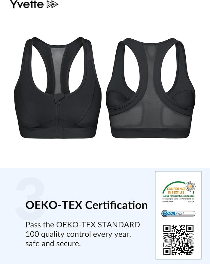 Yvette Zip Front Sports Bra - High Impact Sports Bras for Women Plus Size Workout Fitness Running